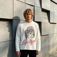 T-shirt thermique blanc à col rond surdimensionné en coton épais avec impression graphique DTG personnalisée, tricot gaufré, manches longues, lavable à l'acide pour homme