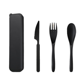 Ensemble de couverts en paille de blé, couteau, fourchette, cuillère, noir, biodégradable, pour les voyages, utilisation en plein air, réutilisable, écologique, avec étui de rangement - Product Image 3