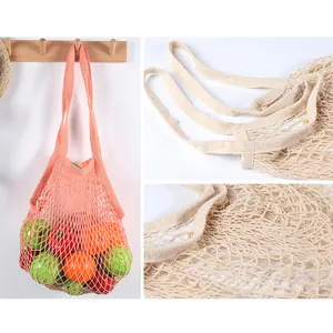Bolsa de almacenamiento para frutas y verduras, bolsa de malla de colores con asa corta y cordón de algodón, logotipo personalizado