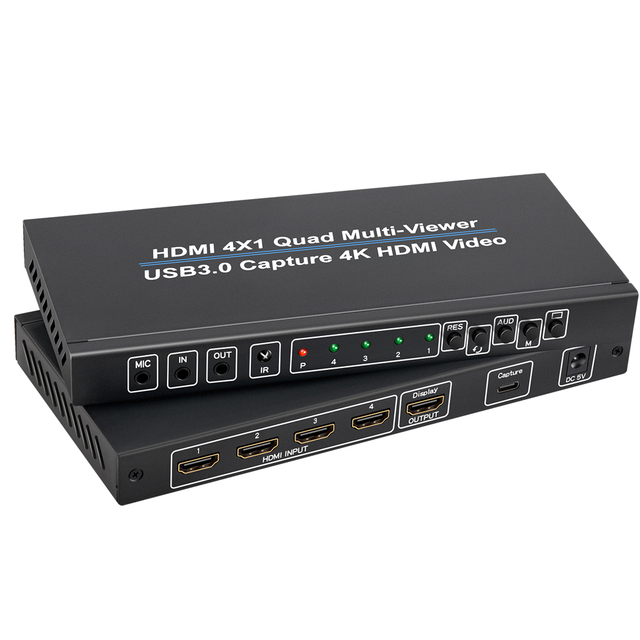 For Quad Multi-Viewer 4x1 4 in 1 Switcher USB3.0 Video Capture 1080P/4K Metal Shell Seamless IR Control 3D Support 10 Modes
