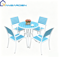 Ensemble de table et chaises de salle à manger d'extérieur en plastique et bois, style minimaliste moderne, empilable, résistant à l'eau, cadre en aluminium résistant à la rouille, hôtel, jardin