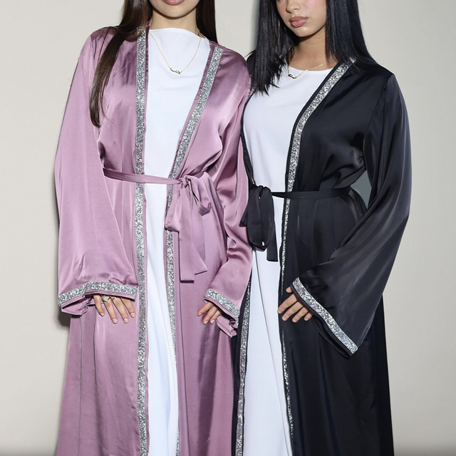New Design Eid Dubai Islamic Modest Set Abaya Women Muslim Dress Inner Slip Dress Kimono Abaya Set Diamond Satin Silk Open Abaya