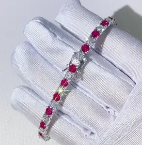 3MM White Gold Plating Silver Solid Moissanite Mix Synthetic Ruby Tennis Bracelet