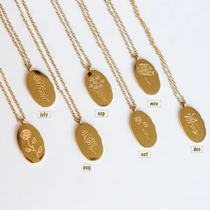 Gold Filled Floral Birth Month necklace Zodiac pendants double side engraved Waterproof Oval Birth Flower Necklace women jewelry