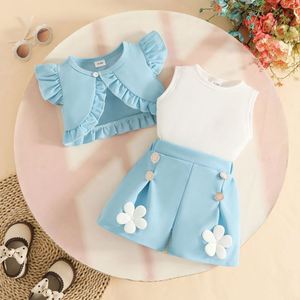 Ensemble d'été mignon et tendance pour <span class=keywords><strong>fille</strong></span> de 0 à 3 <span class=keywords><strong>ans</strong></span> : Manteau court sans manches à volants couleur unie + <span class=keywords><strong>Gilet</strong></span> + Short fleuri, Taille 3T personnalisée - Product Image 4