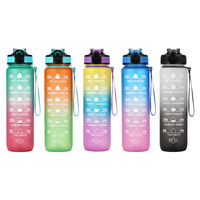 Bouteille d'eau en plastique à dégradé de couleur de 1000 ml avec échelle, bouteille d'eau transparente en plastique avec corde