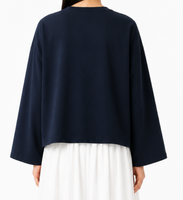 Chemisier ample et court pour femme, à manches longues, broderie lotus, manches cloche larges, coupe décontractée, bleu marine, pour usage quotidien