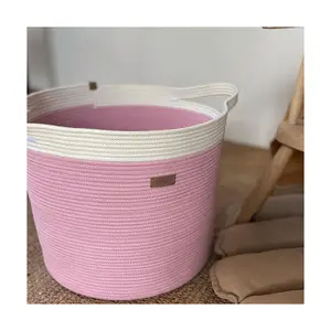 Handmade Wholesale Home Storage And Organization Big Basket In Flamingo Color Natural Cotton Rope Basket Woven Baskets