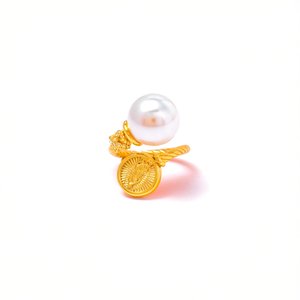 Fashion <b>Ring</b> 316L Stainless Steel PVD Gold Plating Pearl Pendant <b>Adjustable</b> Band For Women Jewelry - Product Image 2
