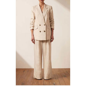 Completo Tre Pezzi da <span class=keywords><strong>Donna</strong></span> Autunnale Casual Personalizzato di Fabbrica con Giacca in <span class=keywords><strong>100</strong></span>% <span class=keywords><strong>Lino</strong></span> a Maniche Lunghe, Gilet e <span class=keywords><strong>Pantaloni</strong></span> a Gamba Dritta a Vita Alta - Product Image 1