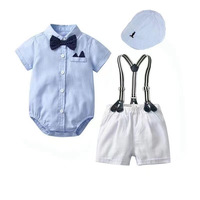 Ensemble 4 pièces pour bébés garçons, style gentleman britannique, en coton, pour l'automne, comprenant une tenue de cérémonie, un chapeau, une chemise habillée, une nœud papillon et une écharpe de photographie