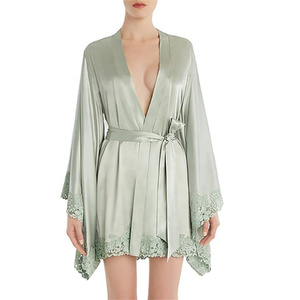 Summer Ladies Luxury 100% Polyester Lace <strong>Bride</strong> Lingerie Pure Kimono Blank Black Satin Women Silk Robes - Product Image 4