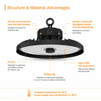 Lumière LED UFO pour entrepôt industriel 4000K, garantie 7 ans, 200 lm par W, Liteon 5050 LED, lentille PC, IP65, IK08, 80W, 100W, 120W