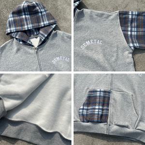 Hoodie Streetwear en Coton à Carreaux 480 g/m² avec Épaules Tombantes, Coupe Courte, Fermeture Éclair, Poids Lourd, Broderie, pour Hommes - Product Image 4