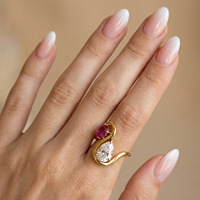 Bague double goutte d'eau géométrique incurvée en zircon, bijoux étanches en acier inoxydable pour femmes, vente en gros