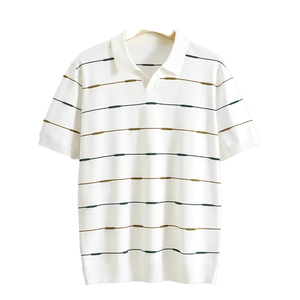 Premium Men’s Jacquard Knit Polo – Retro Striped Luxury Apparel Johnny Collar Knit Shirt – Fine-Gauge Cotton Export Quality - Product Image 1