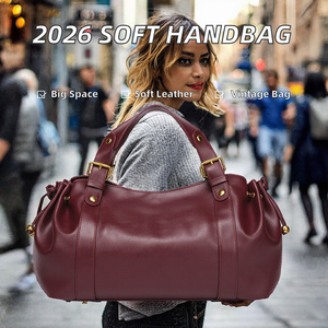 2026 New Large Capacity Soft Pleated Candy Women's Leather Handbag Vintage Commuting <b>Clutch</b> Texturized Magnetic Closure Shoulder - Product Image 2