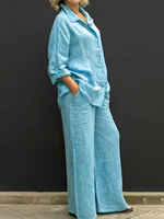 Ensemble Décontracté Femme 2 Pièces : Chemise à Manches Longues Boutonnée + Pantalon Long en Coton, Tenue de Ville Tendance et Passe-Partout