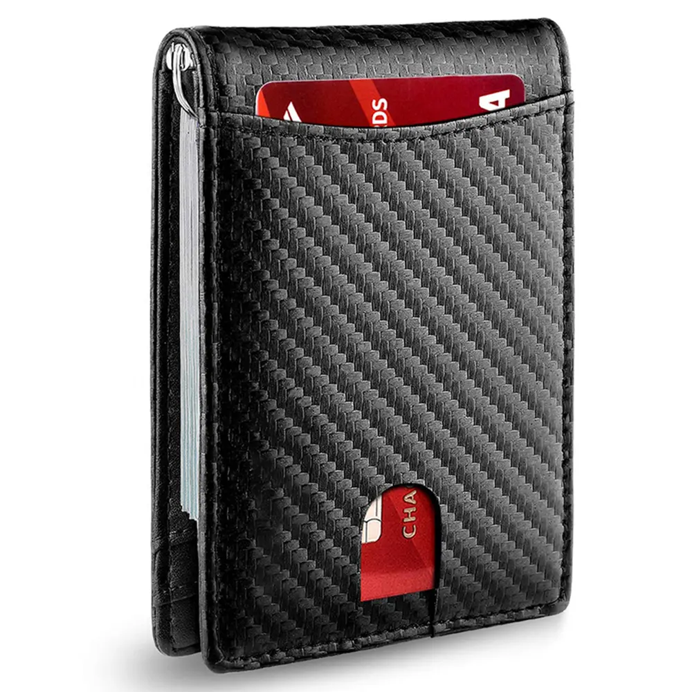 Boshiho-billetera de cuero con clip para dinero para hombre, billetera personalizada de negocios, billetera minimalista de fibra de carbono rf plegable, tarjetero