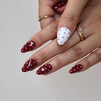 Ongles en acrylique à presser, forme amande, motif pois rouge et blanc contrastant, personnalisables avec estampage doré, longueur moyenne, 10 pièces, boîte en papier