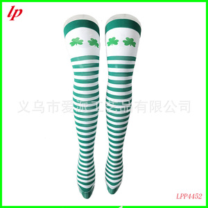Irish Day White Green Striped Knee <b>Socks</b> With Clover Design For St Patrick's Day Party Women's <b>Breathable</b> <b>Sock</b> LPP4451 - Product Image 5