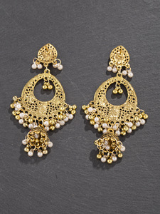 Boucles d'oreilles pendantes classiques vintage couleur or, boucles d'oreilles bohèmes pour femmes, clochettes de fleurs, perles, pompons, boucles d'oreilles Jhumka, bijoux indiens (KER823) - Product Image 6