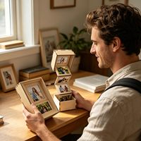 Boîte de rangement pour photos en bois avec affichage de photos à clapet, 3,54 x 3,54 x 1,81 po, boîte à souvenirs, album photo rustique, boîte cadeau