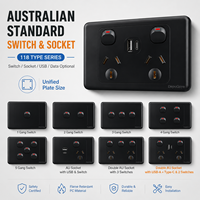 Interrupteur mural noir standard australien 10A 6 prises 1-5 gang avec interrupteur d'éclairage et prise USB Type C AU