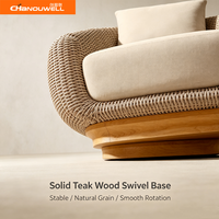 Moderner Outdoor-Drehsessel Wetterfester Geflochtener Rattan-Sofa-Stuhl mit Teakholz-Basis