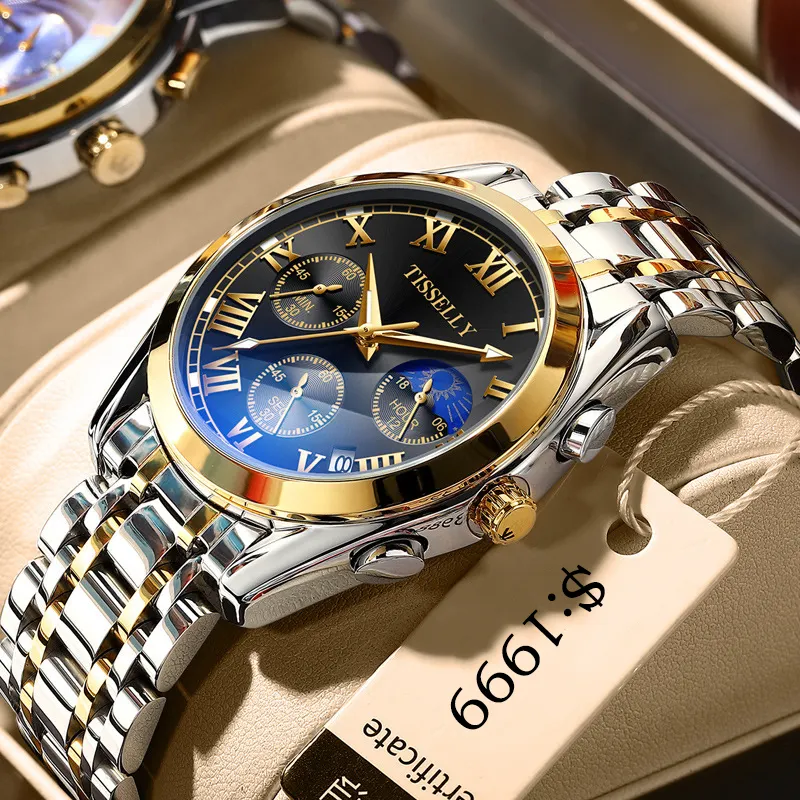 Montre-bracelet pour hommes, accessoire de luxe lumineux, étanche jusqu'à 30M, chronographe, quad art, vente en gros,