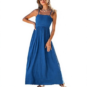 Vestido Maxi Boho con Tirantes Finos, Corte en A, Color Azul Sólido, Algodón, Ajuste Holgado, Transpirable, Vestido Casual de Verano - Product Image 2