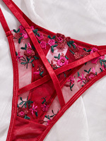 Set Lingerie Jaring Bordir Bunga Mawar Seksi, Bra Berkawat Transparan dan Set Celana Dalam Thong, Set Pakaian Dalam Wanita Merah Berenda OEM ODM