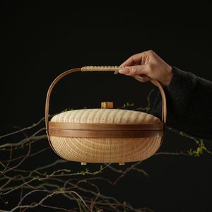 Bamboo woven basket with handles, storage basket, handmade fruit plate, <b>sewing</b> basket, tea <b>set</b> storage item. - Product Image 4