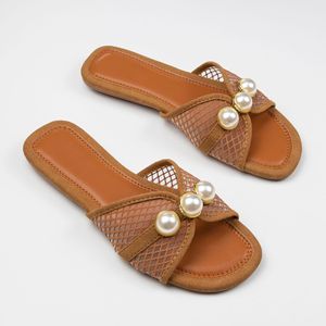 2025 Summer <b>Net</b> Flat Slippers Outdoor Fashion Pearl Large Lightweight Non slip Beach Travel Flat Heel Women's Sandals - Product Image 5