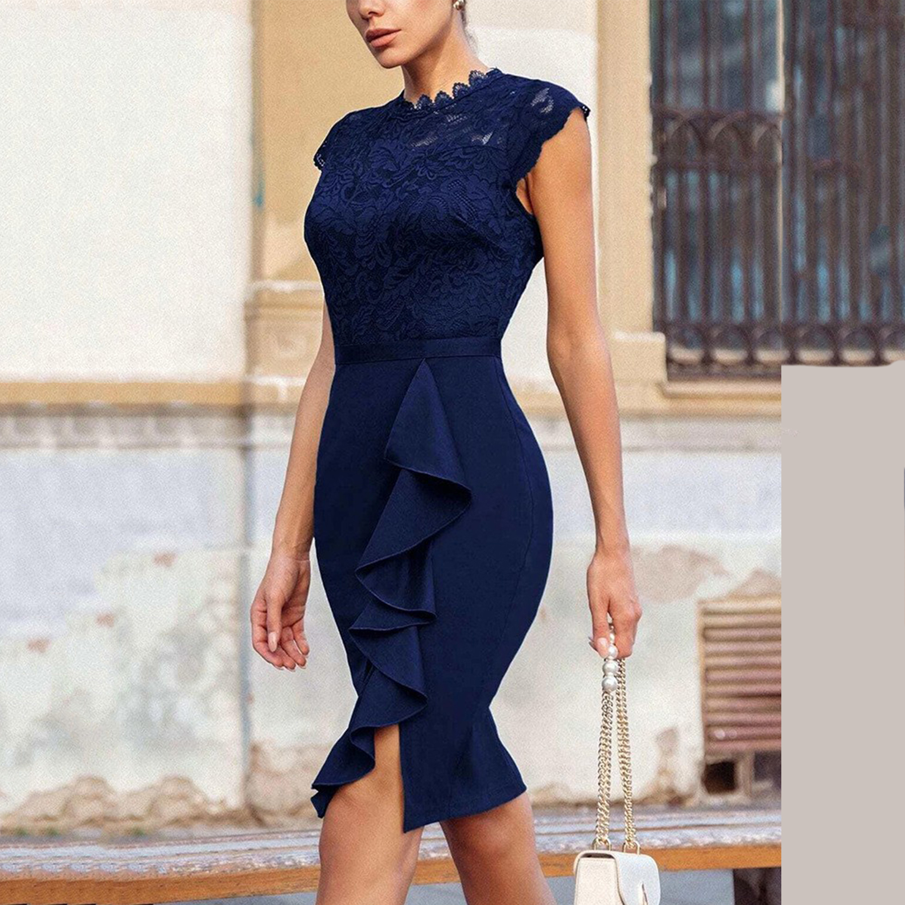 slim fit dress slacks Long Sleeveless Open Back Gown by Poly USA 7454 Xs / Navy