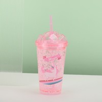 Gobelet à paille en plastique à double paroi sans BPA de 450 ml, imprimé de quatre licornes magiques différentes, avec couvercle dôme anti-fuite, transparent pastel