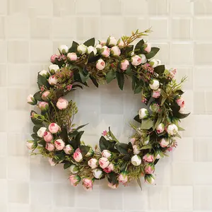 A-921 Custom 40cm Artificial Floral Rose Garland Wreath Round Decorative Plastic Spring Flowers Wreaths For Front Door Signs