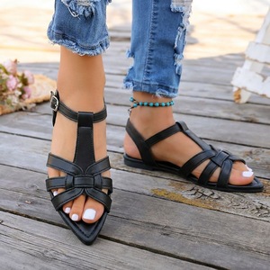 Sandalias Casuales Planas con Punta Abierta, Diseño de Tira en T con Nudo, Hebilla Ajustable en la Correa del Tobillo, Zapatos de Verano - Product Image 5