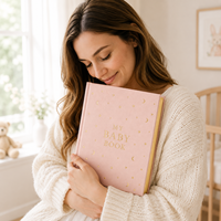 LABON Coffret Cadeau Personnalisé Mon Livre de Bébé, en Lin Rose avec Feuille d'Or, Carnet de Souvenirs et de Moments Clés, Cadeau de Luxe pour Nouveau-né