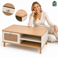Table basse minimaliste en bois avec tiroir en jute tressé, étagère ouverte et bouton doré – Table basse naturelle