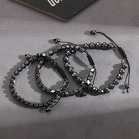 Bracelet en corde tressée ajustable fait main en forme de cœur géométrique, avec pierres naturelles noires et perles d'hématite, vente en gros