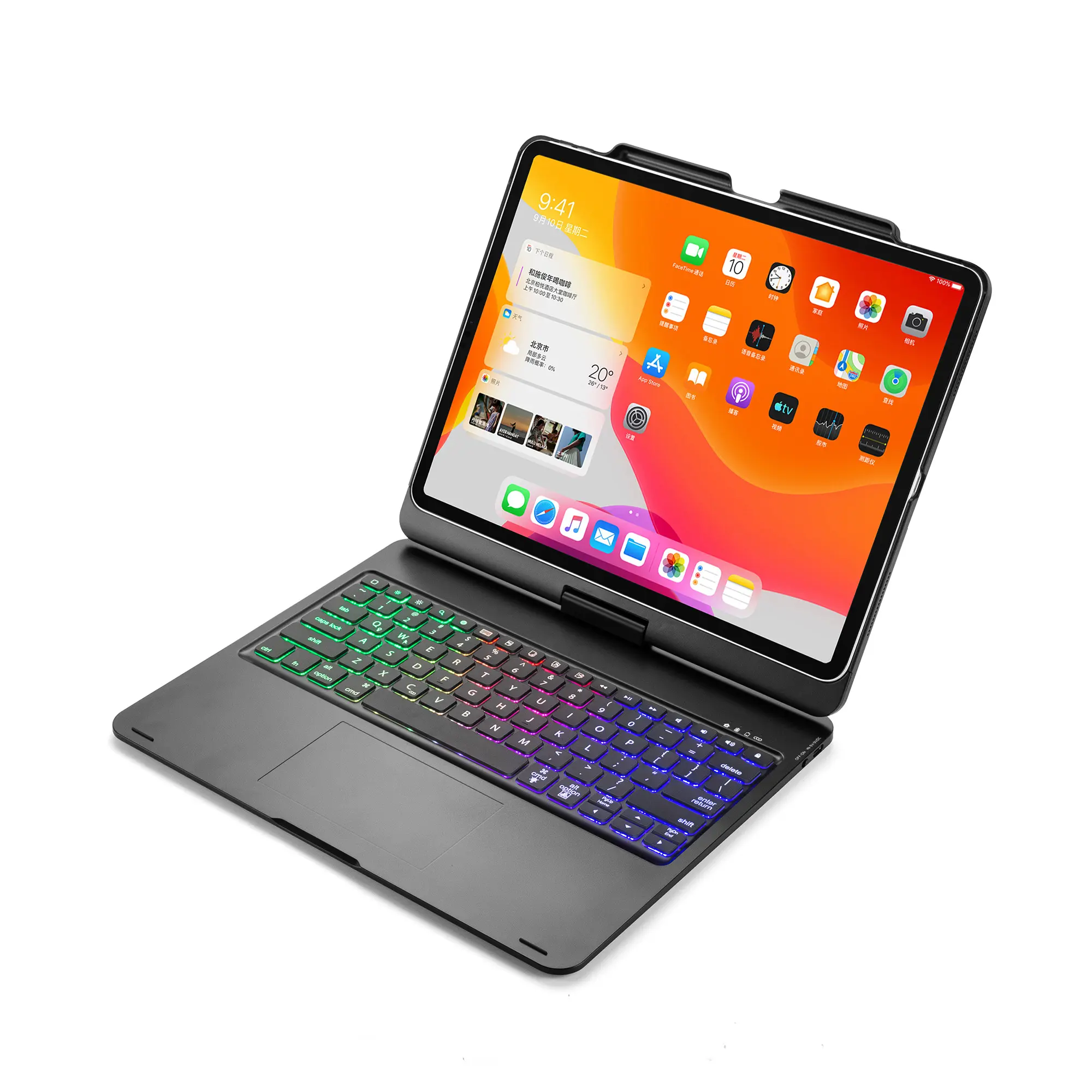 حقيبة لوحة مفاتيح بإضاءة خلفية بتدوير RGB علبة لاسلكية بالأسنان الزرقاء للوحة مفاتيح Ipad Pro بوصة مع حامل قلم رصاص