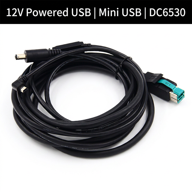 Custom 12V PoweredUSB to DC6530 Mini USB Y Cable