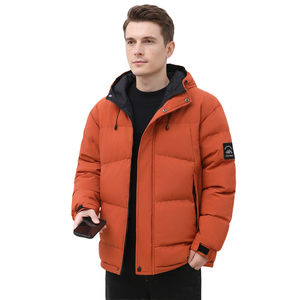Men's Orange Hooded Puffer Jacket Windproof Winter <b>Coat</b> with Patch Design Regular Fit Zipper Closure Thick Polyester Wadding - Product Image 1