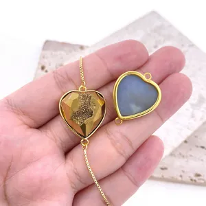 Brass Gold Plated Micro Natural Agate Druzy Stone Heart Shape Jewelry Connector Finding