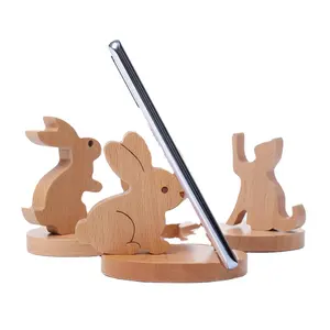 Wholesale Unfinished Custom Office Creative Kungfu Rabbit Desktop Table Craft Wooden Mobile Cell Phone Holder