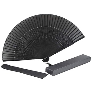 Bamboo Wood Silk <b>Folding</b> Fan Chinese/Japanese Vintage Retro Style Handmade Silk Black Hand Fan With a Fabric Sleeve and Tassels - Product Image 1