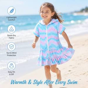 Bata <span class=keywords><strong>de</strong></span> <span class=keywords><strong>Baño</strong></span> con Capucha para Niños, <span class=keywords><strong>de</strong></span> Secado Rápido, con Estampado Degradado, <span class=keywords><strong>de</strong></span> Tela <span class=keywords><strong>de</strong></span> Rizo, con Volantes en el Bajo, Súper Absorbente, con Cierre, para Niños Pequeños - Product Image 1