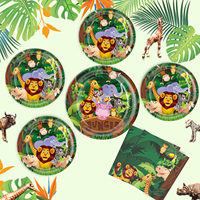 64 pièces ensemble de couverts jetables de fête de la jungle, assiettes de fête d'anniversaire d'animaux de safari tasses et serviettes, fournitures de fête d'animaux sauvages