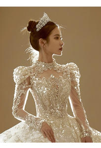 Vestido de novia de manga larga Nueva novia Francés Retro Ligero Nicho de lujo Alta gama Senior <span class=keywords><strong>Brigade</strong></span> Shot Big Trail Main Yarn - Product Image 3